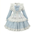 Sweet Maid Lolita OP Dress Set with Detachable Sleeves and Plush Pom-Pom Ribbon Apron