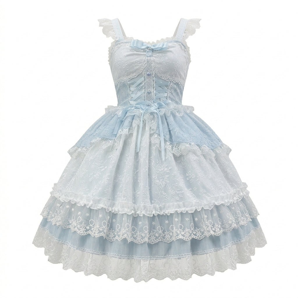 Sweet Lolita JSK Dress with Lace Overlay Peplum and Ribbon Lace-Up Bodice