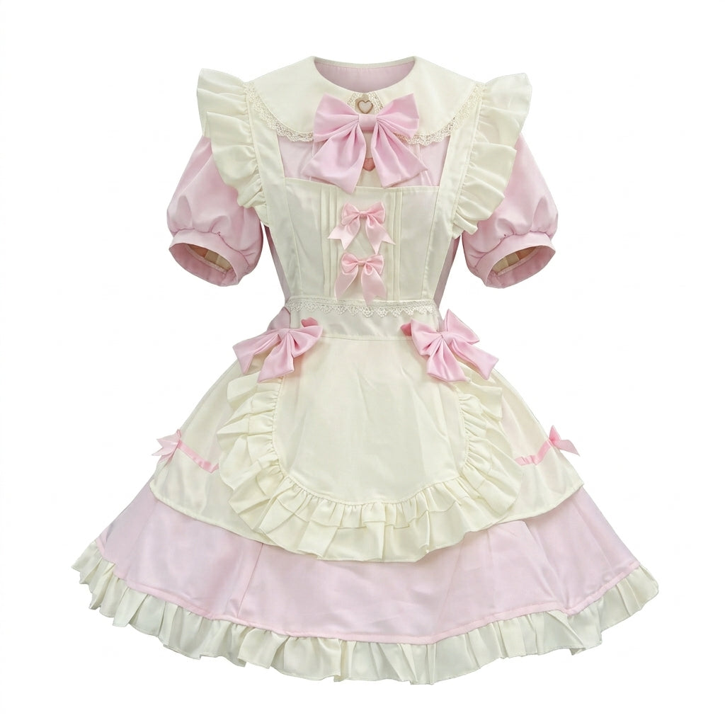 Pink and White Lace Sweet Maid Lolita Dress Set with Heart Bows