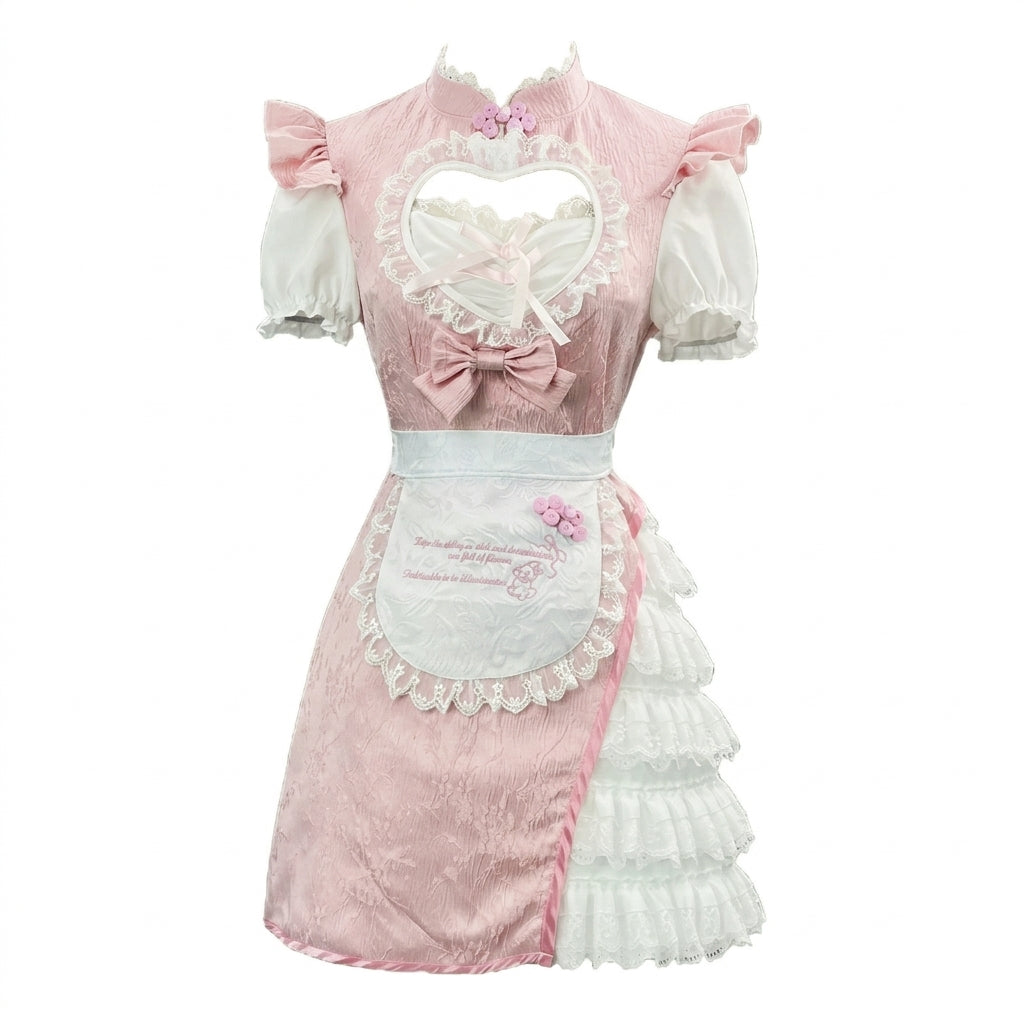 Sweet Maid Lolita Short Sleeve OP Dress Set with Heart Cutout Yoke and Side Ruffle Overlay
