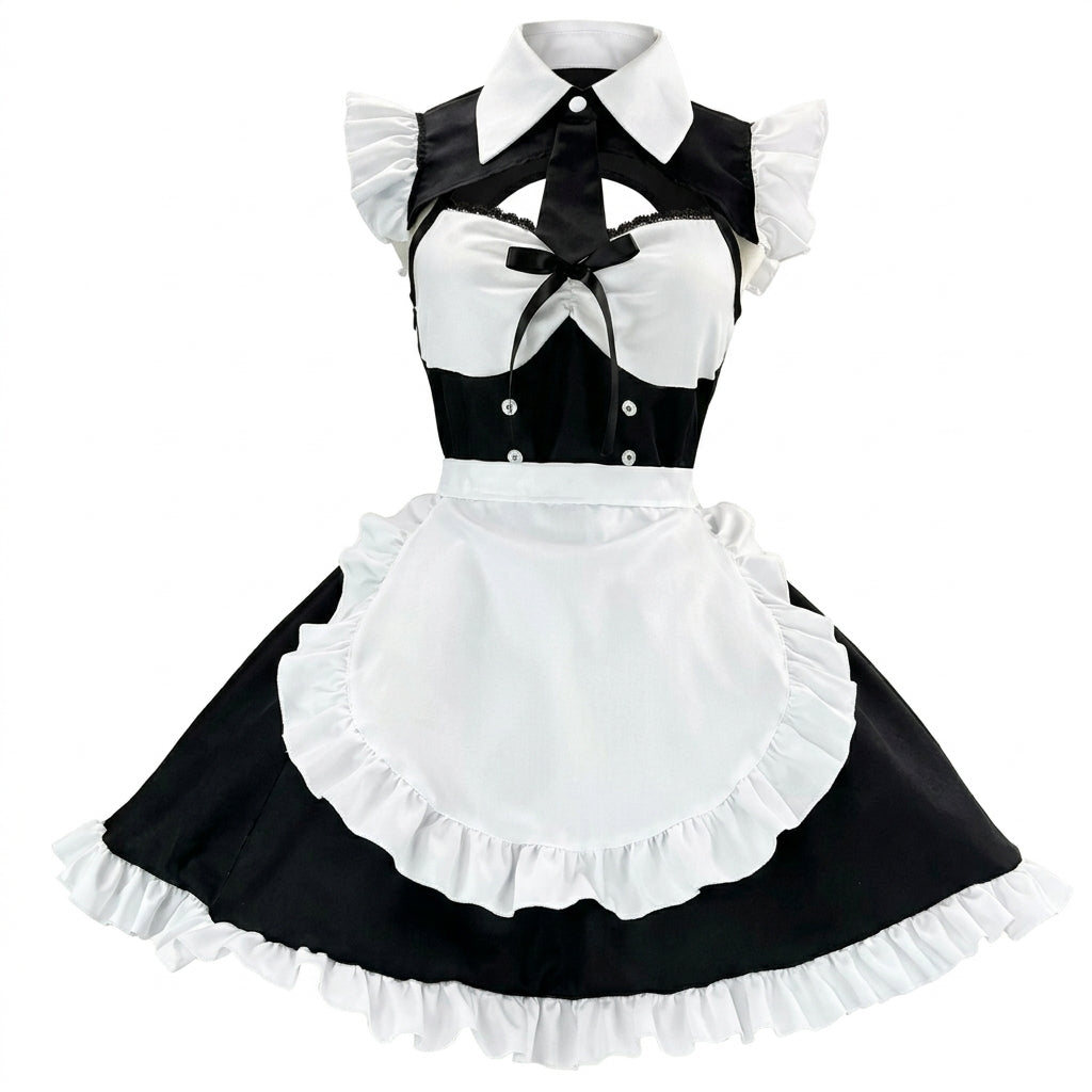 Classic Maid Lolita Sleeveless OP Dress Set with Cutout Yoke and Buttoned Waistband