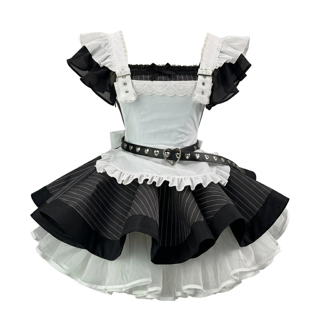 Sweet Maid Lolita Short Sleeve OP Dress Set with High-Waist Heart Buckle Belt and Fitted Waistband