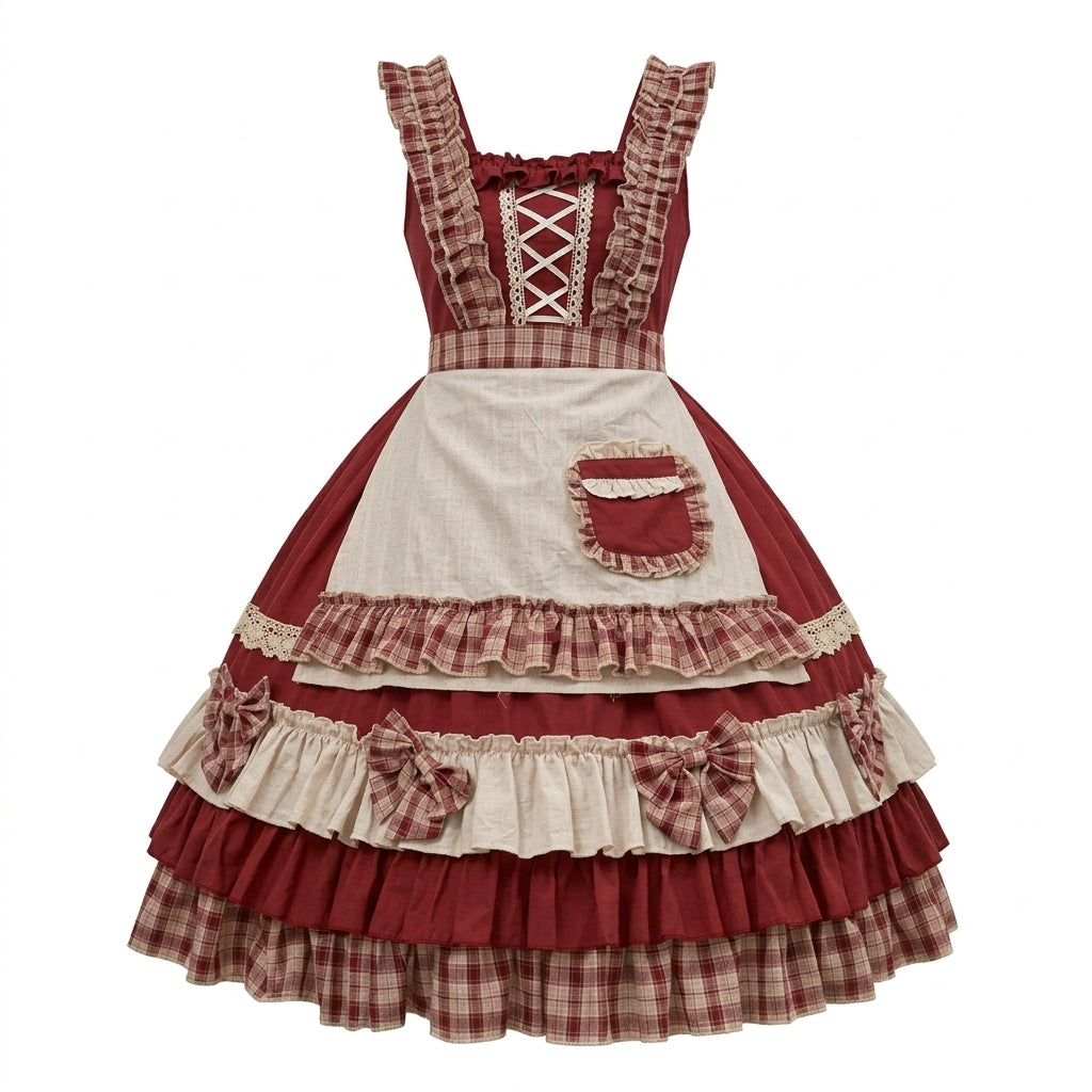 Sweet Country Maid Lolita JSK Dress Set with Plaid Ruffled Straps and Pocket Apron