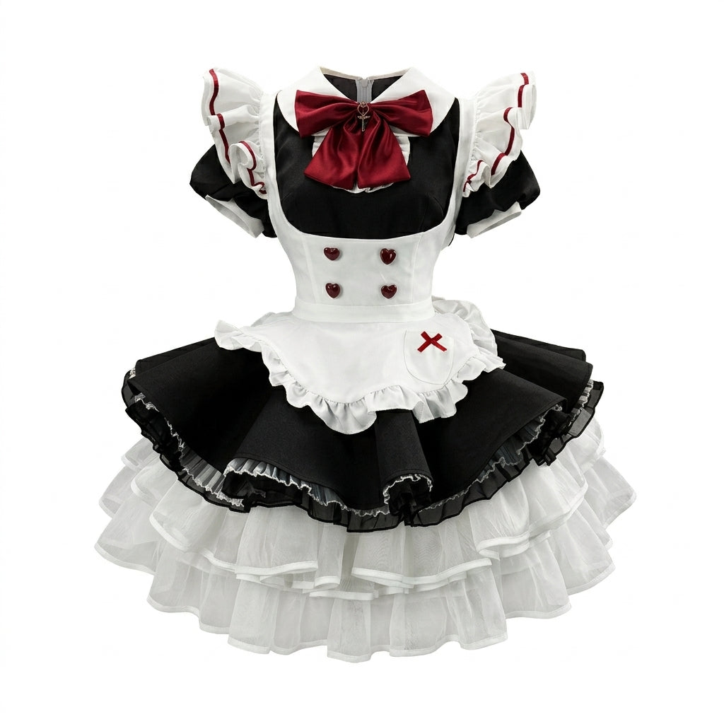 Sweet Maid Lolita Short Sleeve OP Dress Set with Cinched Waist and Layered Flared Skirt