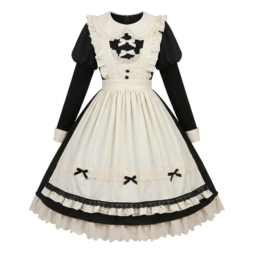 Sweet Maid Lolita Dress Set with Ruffled Apron Bodice and Tiered Lace Hem
