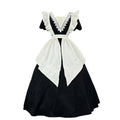 Classic Maid Lolita Short Sleeve Long OP Dress Set with V-Neck Lace Yoke and Pointed Apron