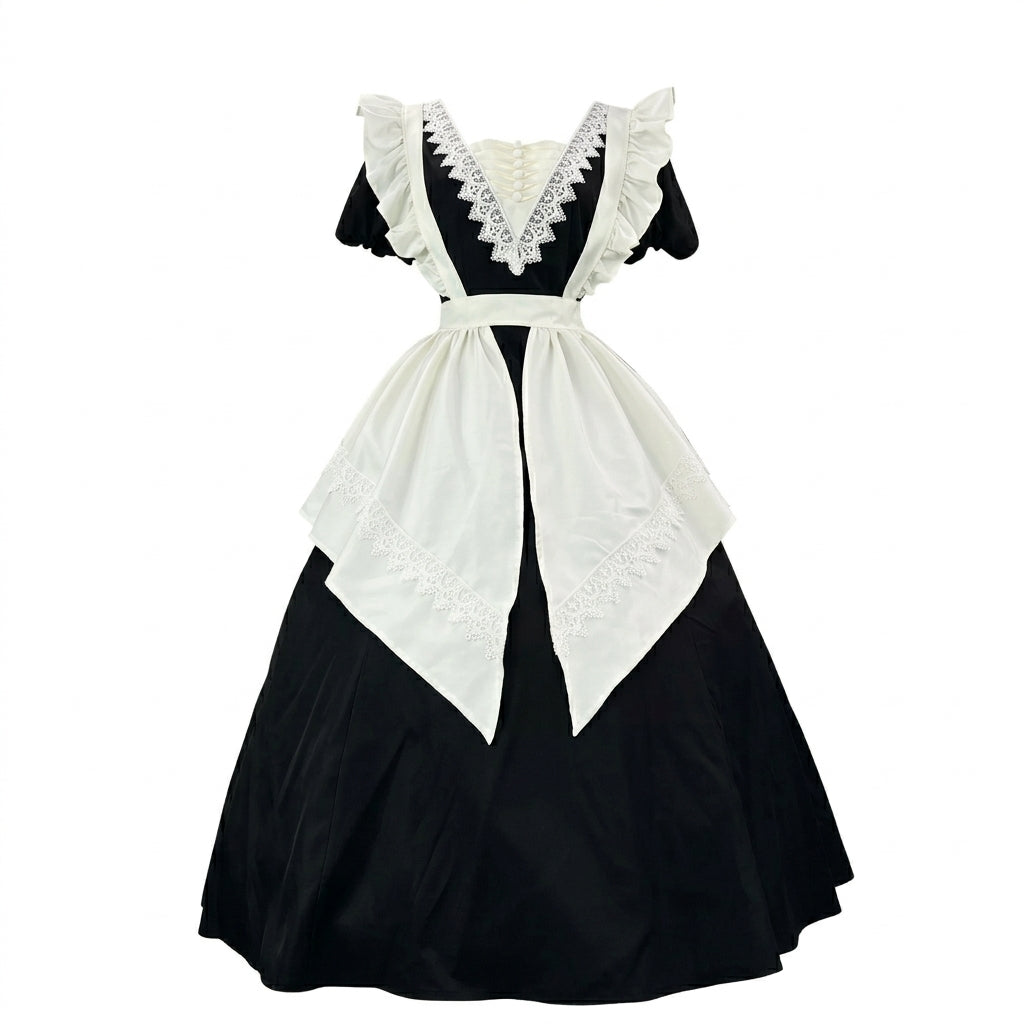 Classic Maid Lolita Short Sleeve Long OP Dress Set with V-Neck Lace Yoke and Pointed Apron
