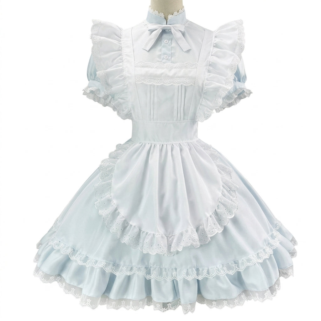 Sweet Maid Lolita Short Sleeve OP Dress Set with Stand Collar Bow Accent and Lace Trim Apron