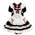 Sweet Maid Lolita Short Sleeve OP Dress Set with Velvet Bell Bow and Embroidered Cat Pocket Apron