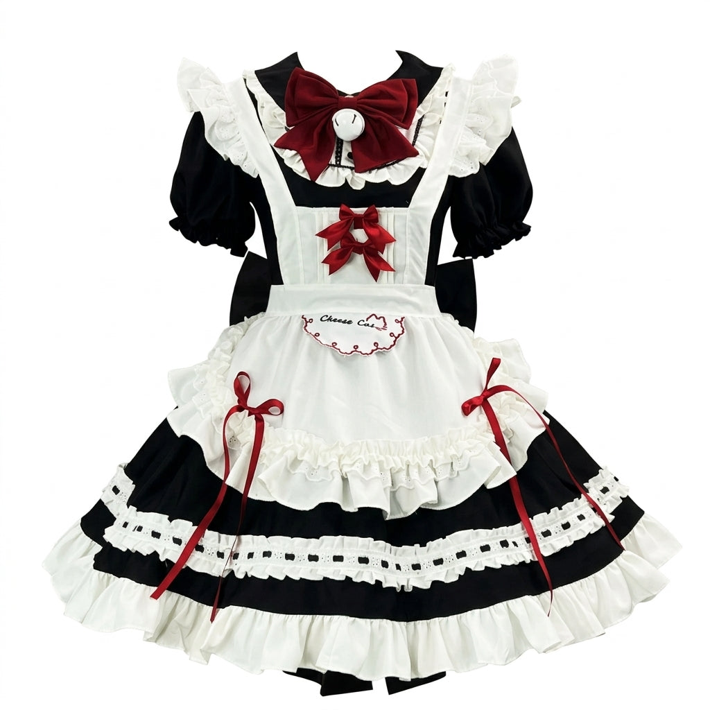 Sweet Maid Lolita Short Sleeve OP Dress Set with Velvet Bell Bow and Embroidered Cat Pocket Apron