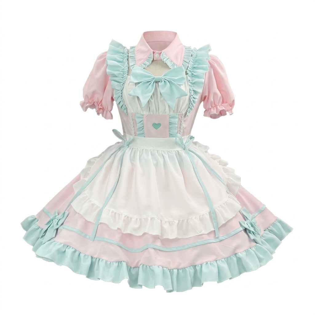 Sweet Maid Lolita Short Sleeve OP Dress Set with Keyhole Turn-Down Collar and Heart Patch Waist Accent