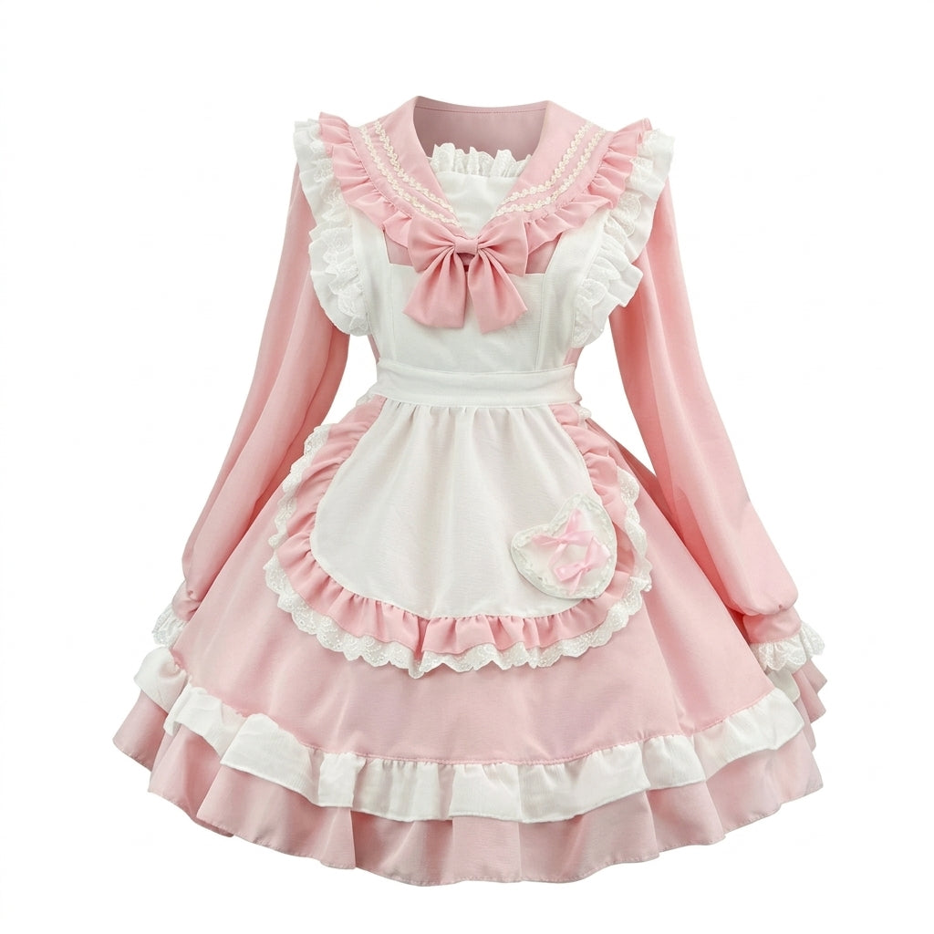 Sweet Maid Lolita Long Sleeve OP Dress Set with Sailor Collar and Heart Pocket Apron