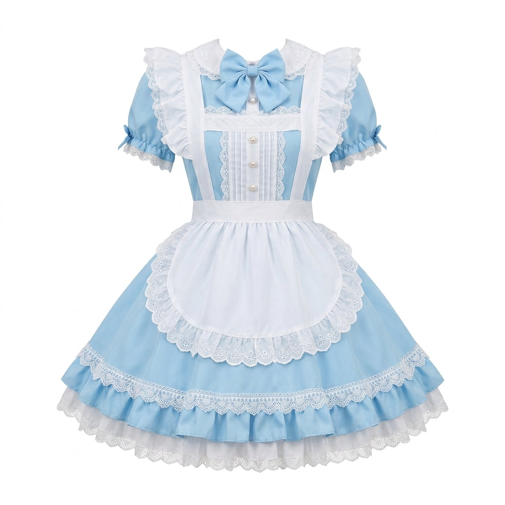 Sweet Maid Lolita Short Sleeve OP Dress Set with Pleated Pearl Yoke and Eyelet Lace Apron