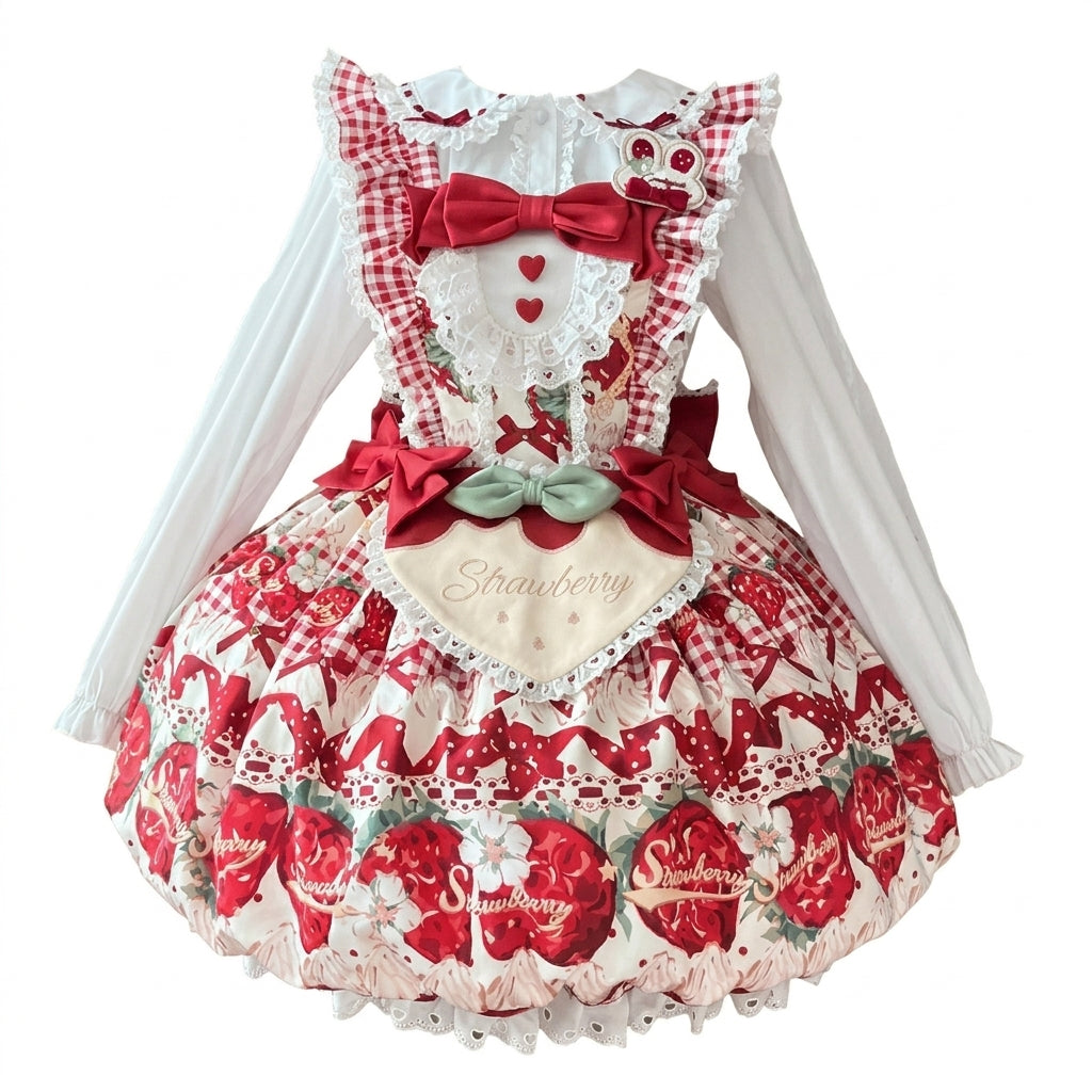 Sweet Maid Lolita Long Sleeve OP Dress Set with Strawberry Print and Heart Apron