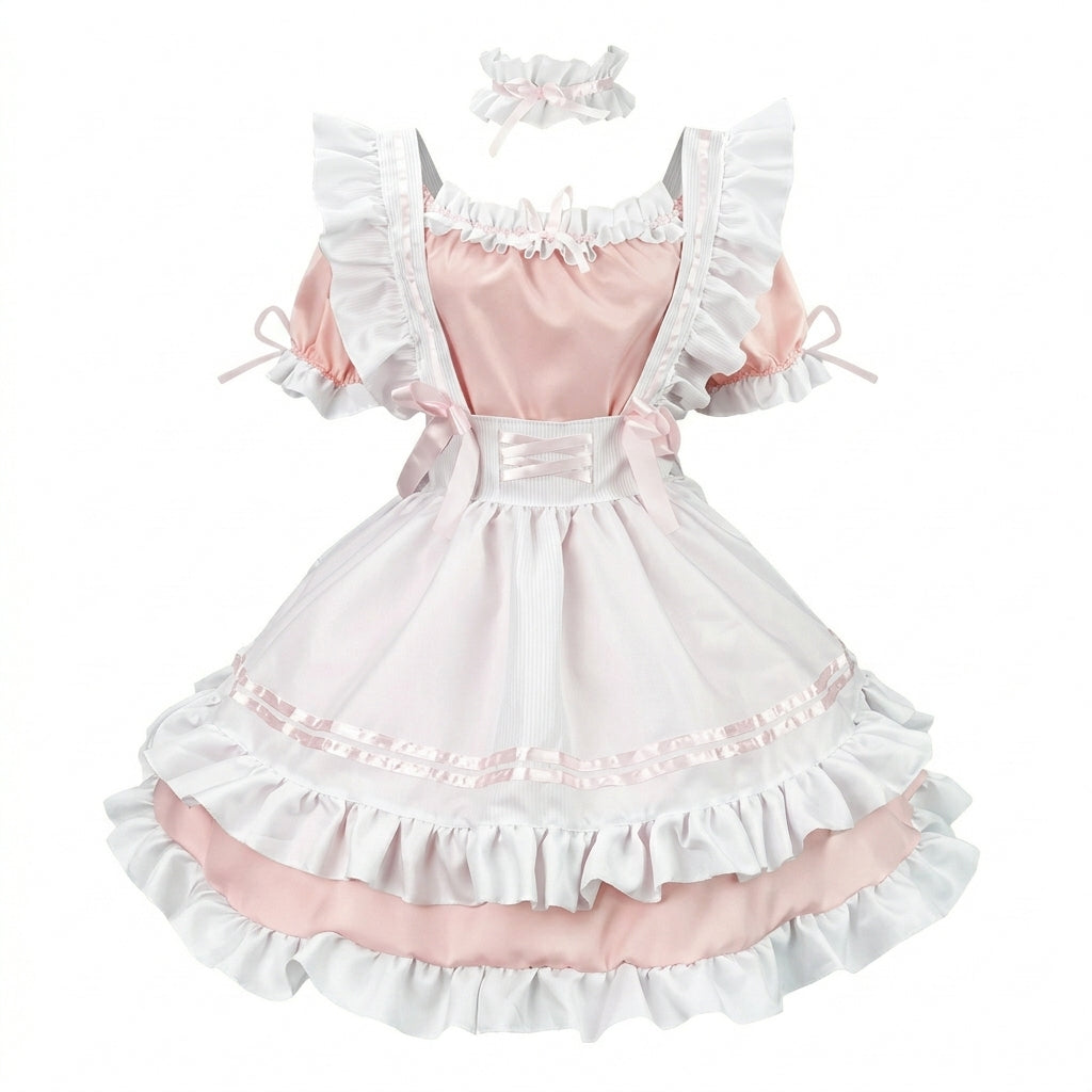 Sweet Maid Lolita Short Sleeve OP Dress Set with Crisscross Waist Band and Matching Choker
