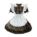 Classic Maid Lolita Short Sleeve OP Dress Set with Plaid Bow Accent and Double-Breasted Apron