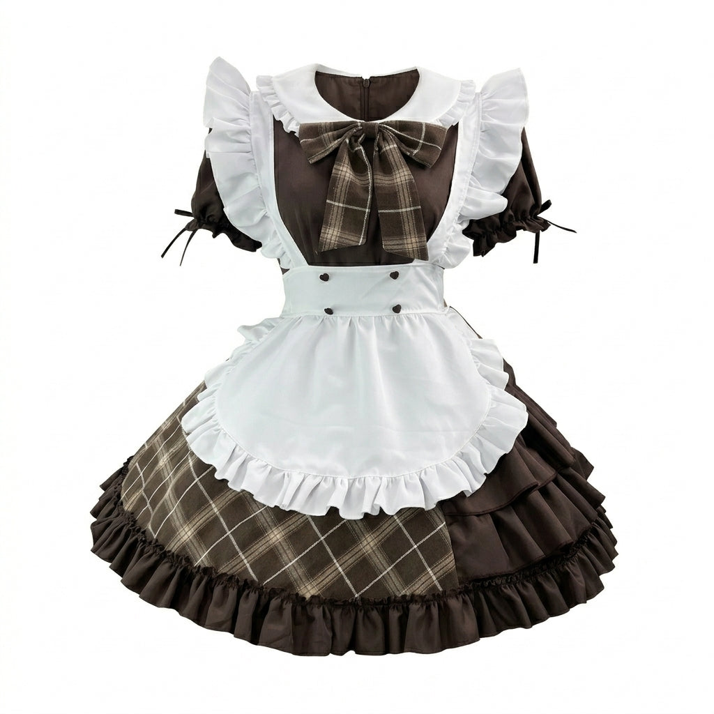 Classic Maid Lolita Short Sleeve OP Dress Set with Plaid Bow Accent and Double-Breasted Apron