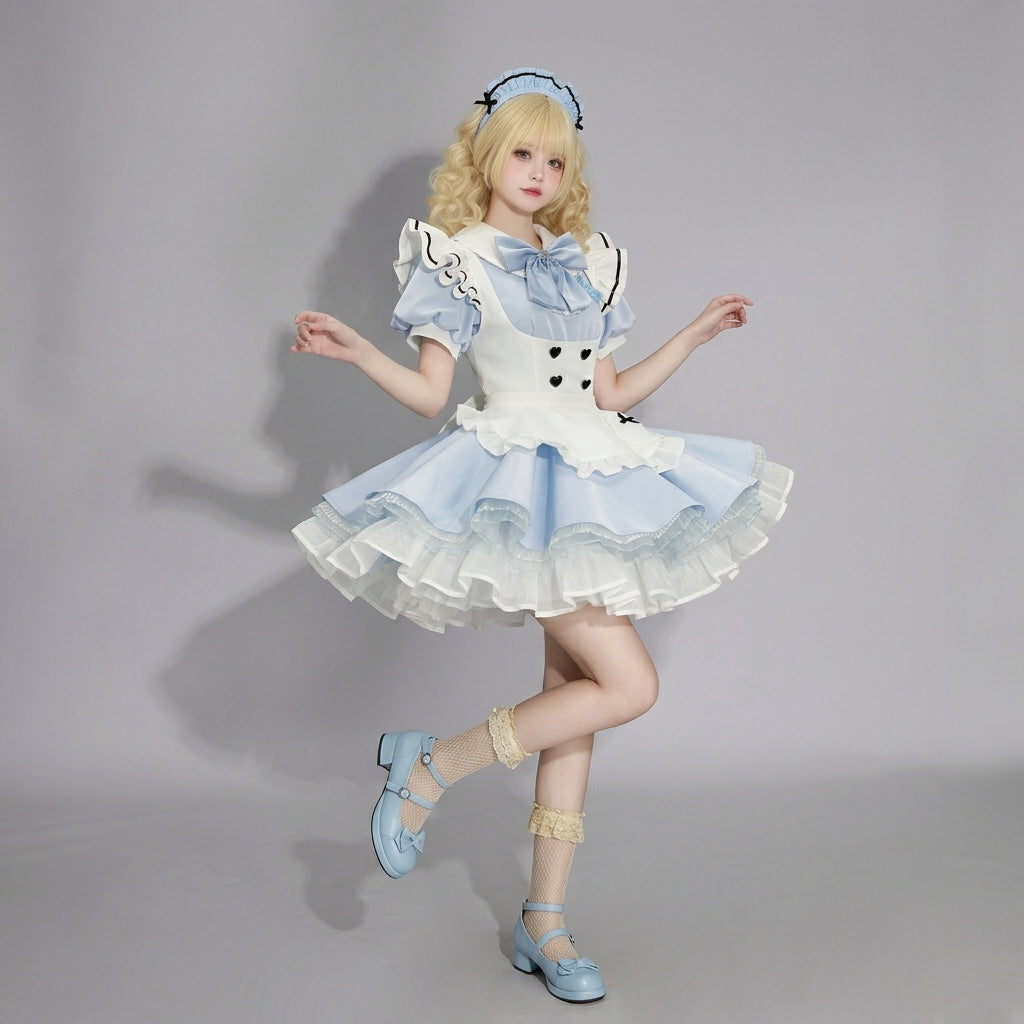 Cute Maid Lolita Dress with Heart Buttons and Bow Charm