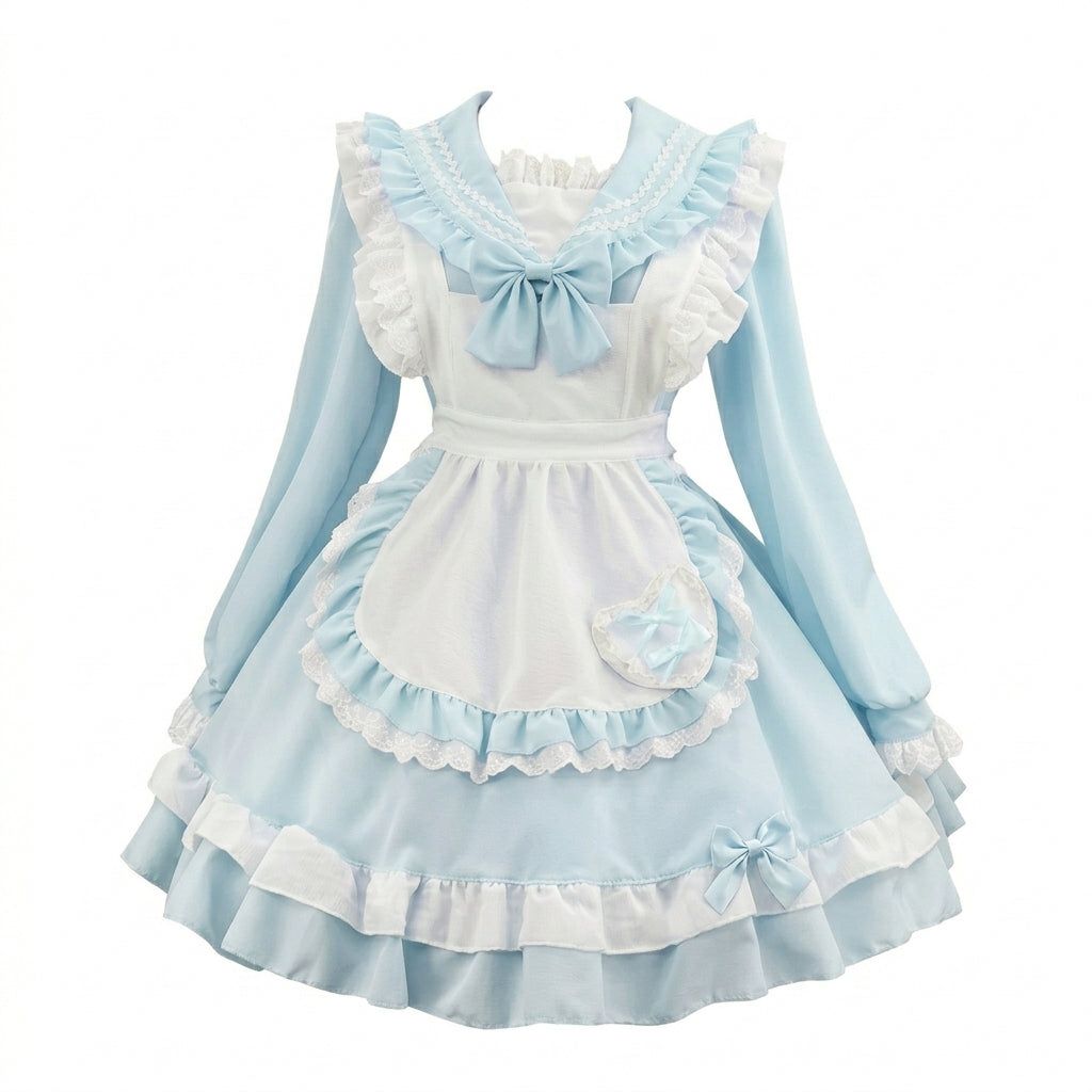 Sweet Maid Lolita Long Sleeve OP Dress Set with Sailor Collar and Heart Pocket Apron