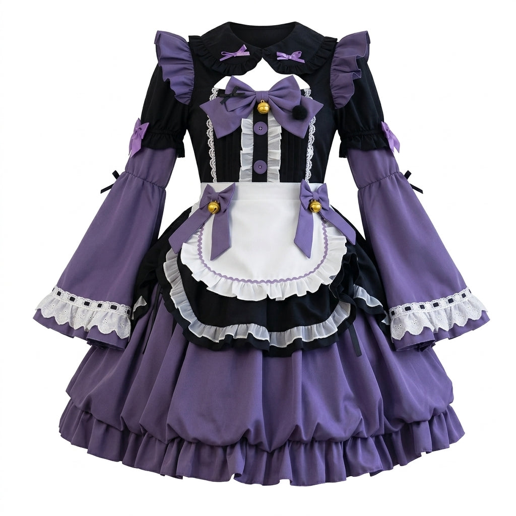 Purple and Black Lace Gothic Maid Lolita Dress Set with Bell Bows