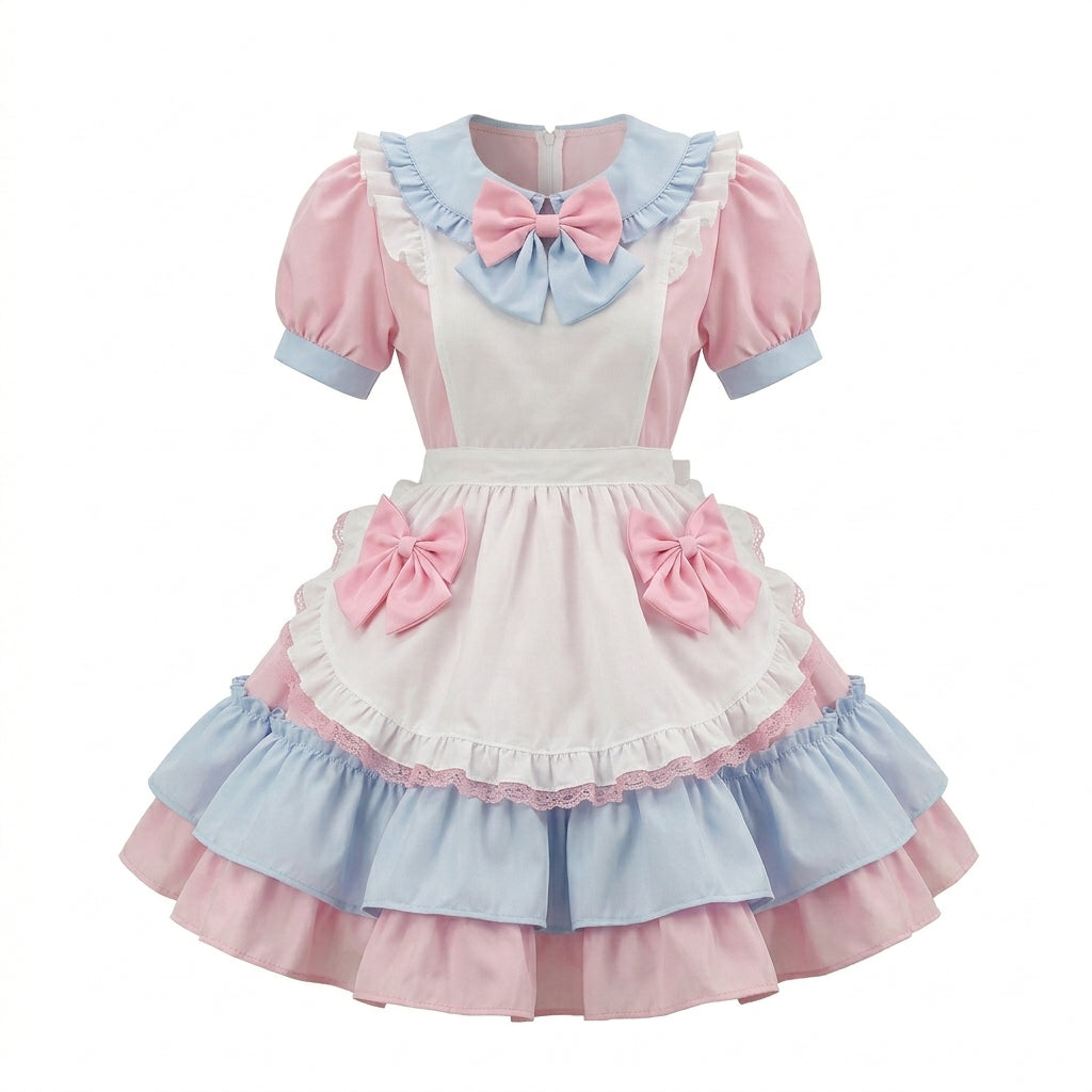 Sweet Maid Lolita Short Sleeve OP Dress Set with Tiered Ruffle Skirt and Apron Bow Accents