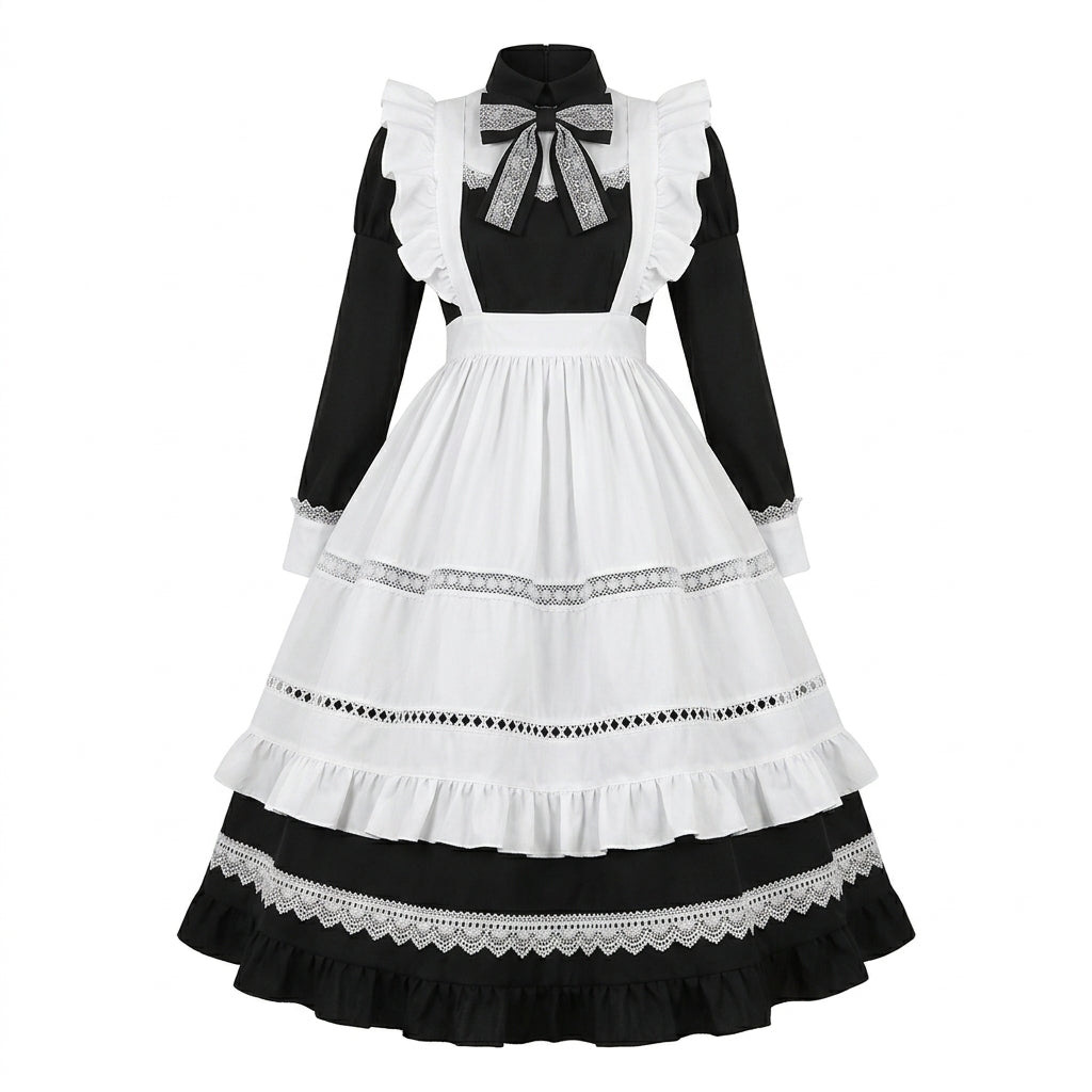 Classic Long Maid Lolita Long Sleeve OP Dress Set with Embroidered Bow and Tiered Lace Apron