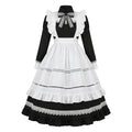 Classic Long Maid Lolita Long Sleeve OP Dress Set with Embroidered Bow and Tiered Lace Apron