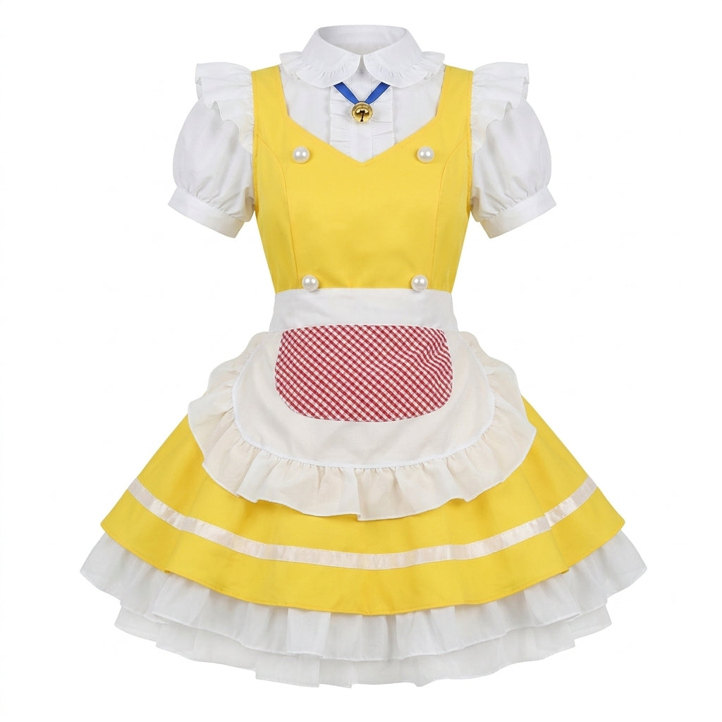 Sweet Maid Lolita Short Sleeve OP Dress Set with Pearl Button Vest and Gingham Pocket Apron