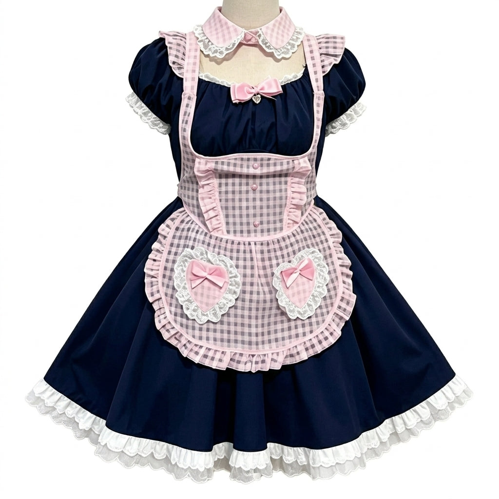 Sweet Maid Lolita Short Sleeve OP Dress Set with Gingham Collar and Heart Pocket Apron