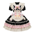 Sweet Maid Lolita Short Sleeve OP Dress Set with Sailor Collar and Plush Cat Pocket Apron