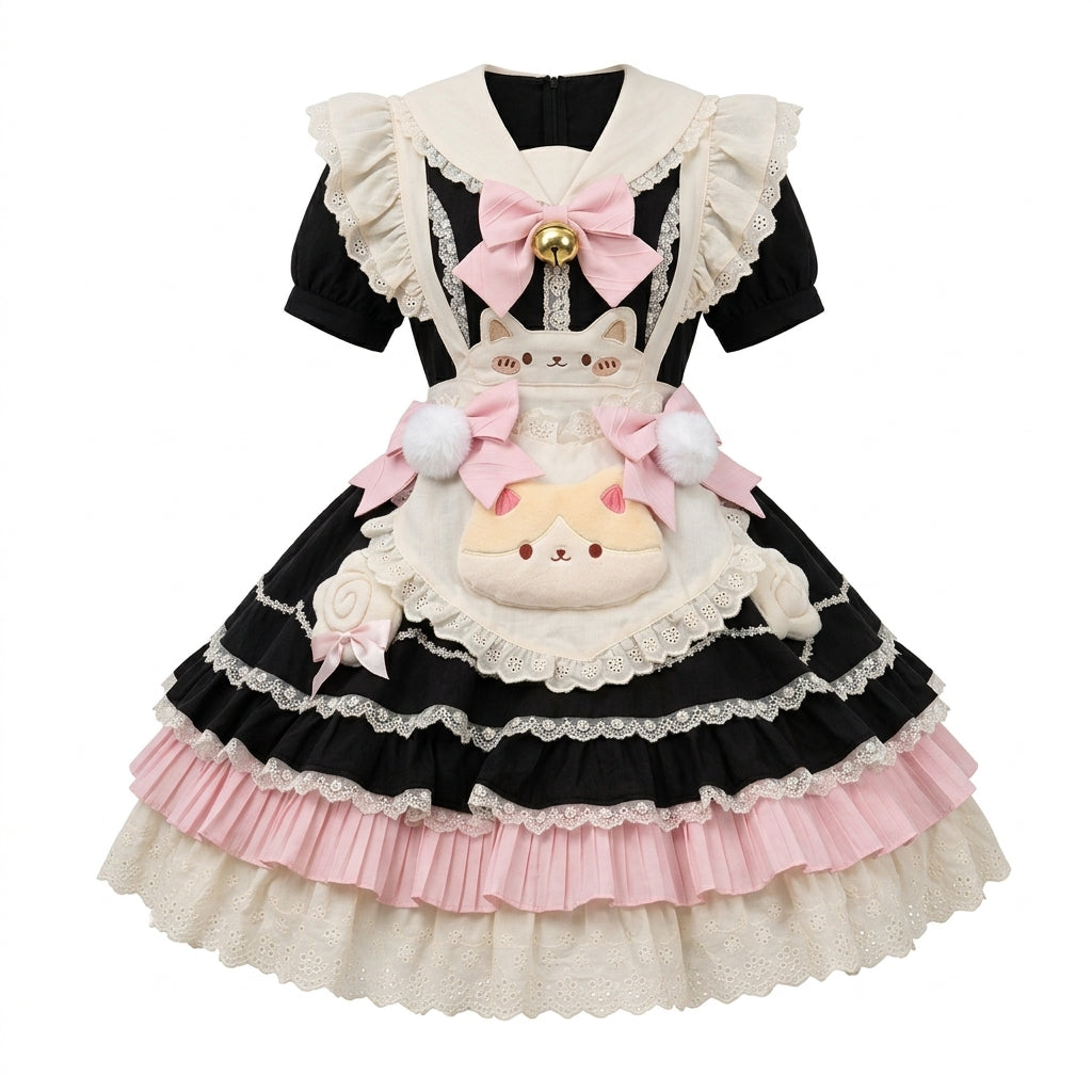 Sweet Maid Lolita Short Sleeve OP Dress Set with Sailor Collar and Plush Cat Pocket Apron