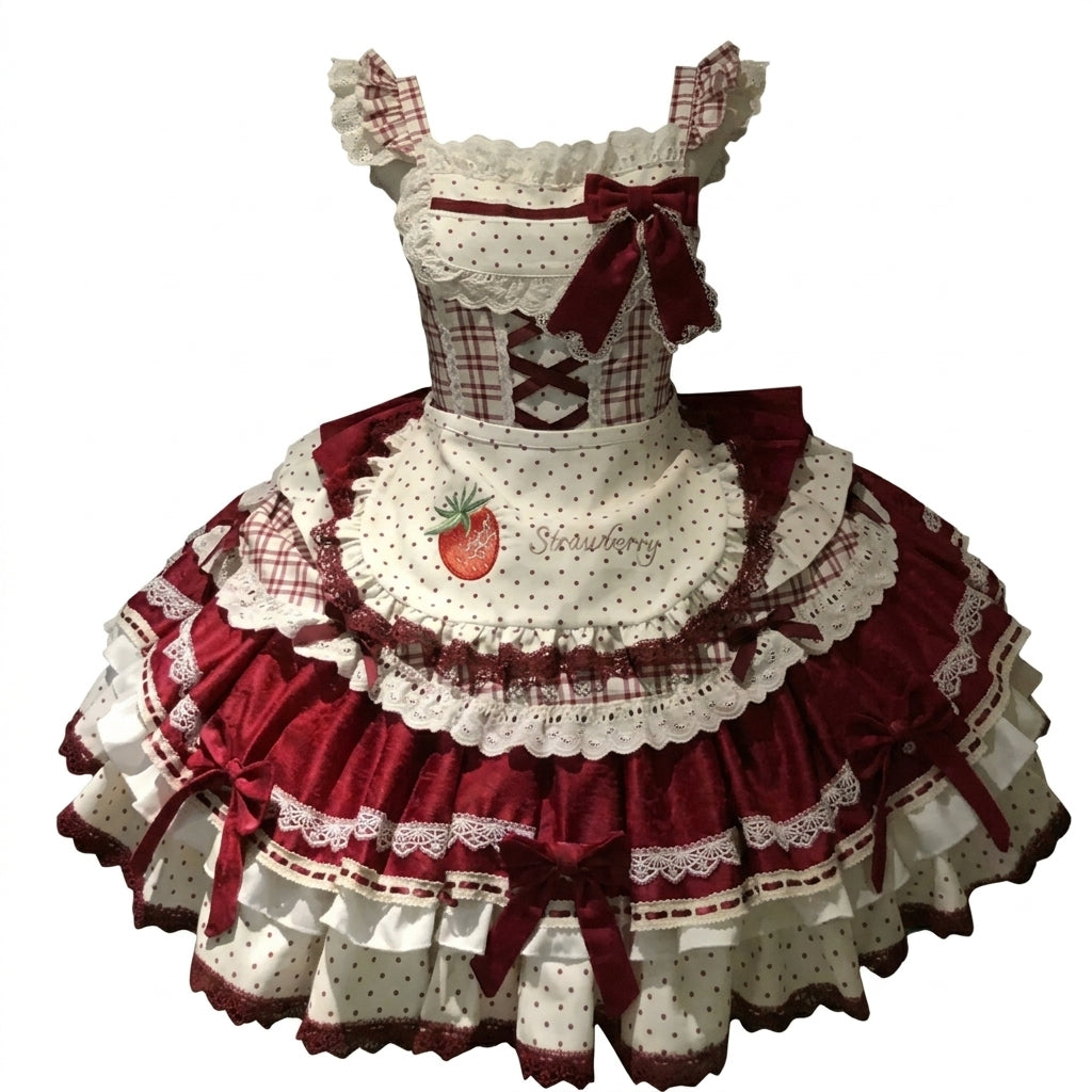 Sweet Strawberry Maid Lolita JSK Dress Set with Polka Dot Apron and Crisscross Laced Bodice