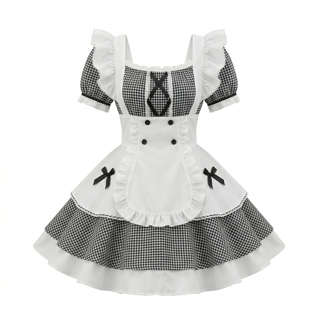 Sweet Maid Lolita Short Sleeve OP Dress Set with Houndstooth Pattern and Double-Breasted Apron