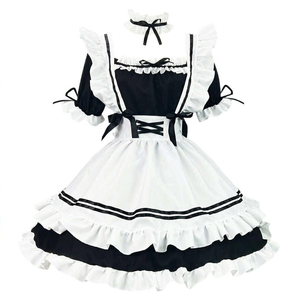 Sweet Maid Lolita Short Sleeve OP Dress Set with Crisscross Waist Band and Matching Choker
