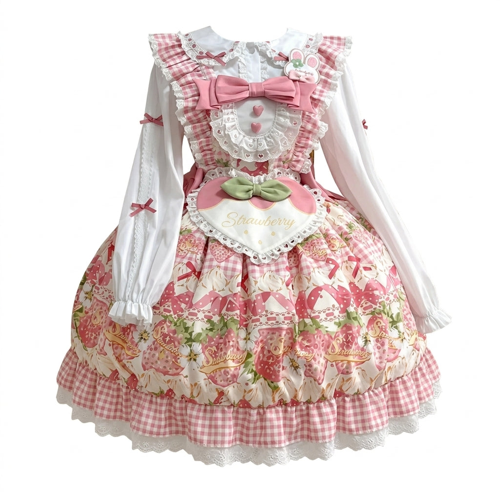 Sweet Maid Lolita Long Sleeve OP Dress Set with Strawberry Print and Heart Apron