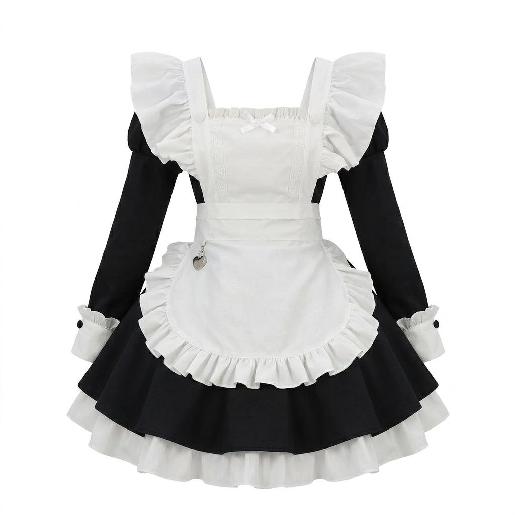 Classic Maid Lolita Long Sleeve OP Dress Set with Crisscross Neckline and Heart Pendant Apron