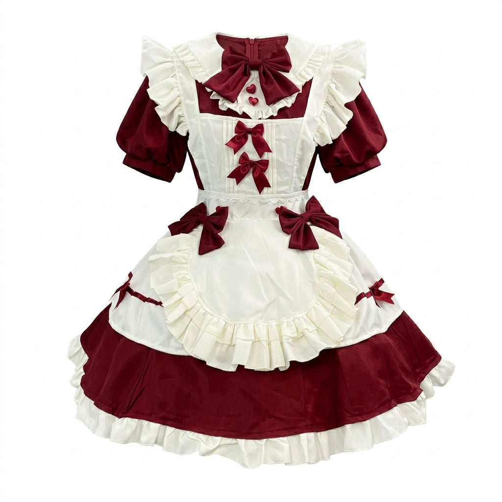 Burgundy and White Lace Gothic Maid Lolita Dress Set with Bell Bows