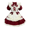Burgundy and White Lace Gothic Maid Lolita Dress Set with Bell Bows