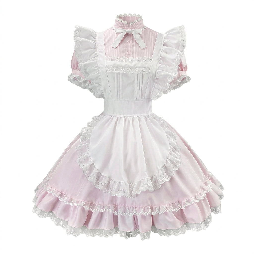 Sweet Maid Lolita Short Sleeve OP Dress Set with Stand Collar Bow Accent and Lace Trim Apron