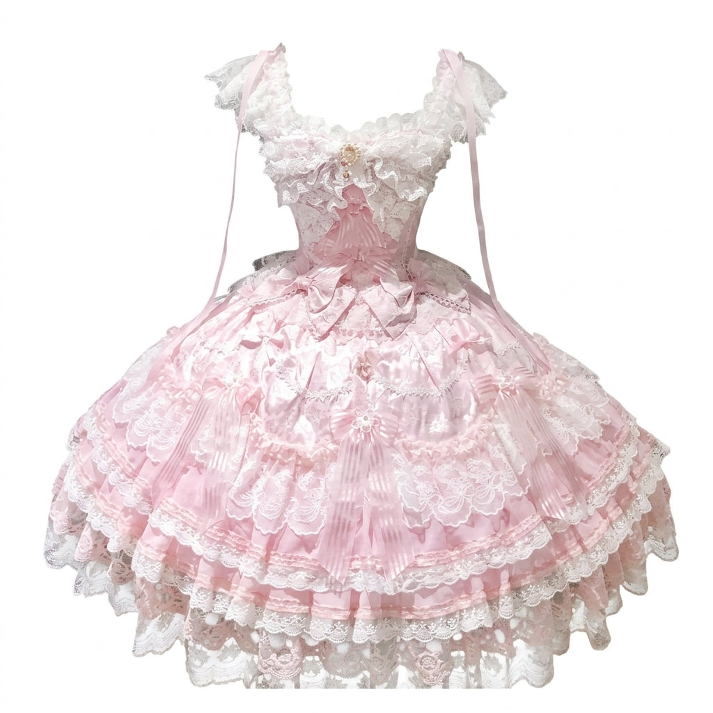 Tea Party Sweet Lolita Dress with Sweetheart Neckline and Tiered Floral Lace Flared Skirt
