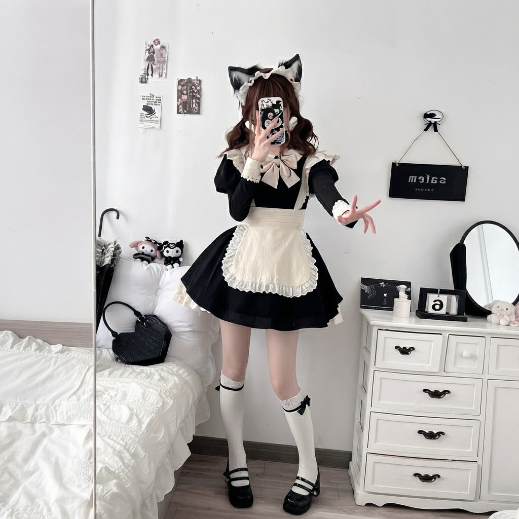Sweet Maid Lolita Short Sleeve OP Dress Set with Eyelet Lace Apron and Collar Bow