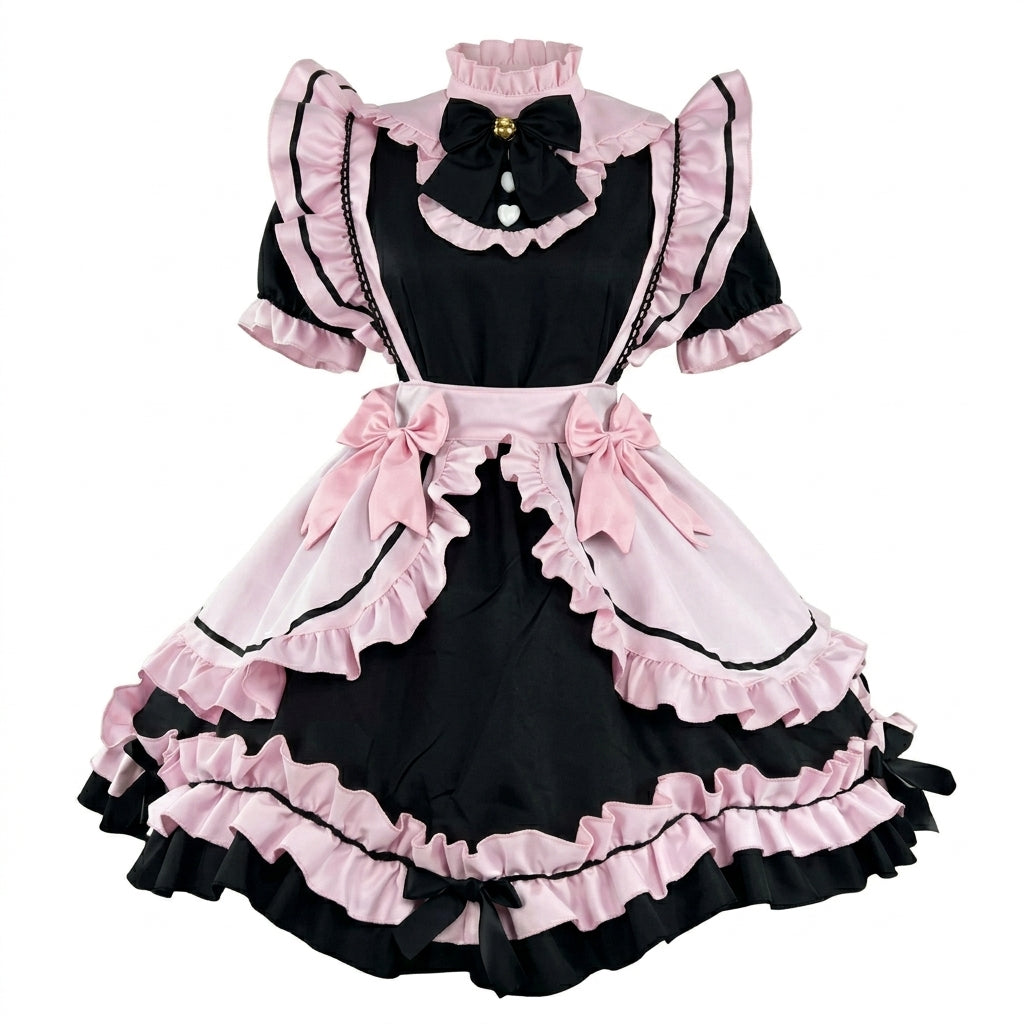 Sweet Maid Lolita Short Sleeve OP Dress Set with Stand Collar and Bell Bow Accent