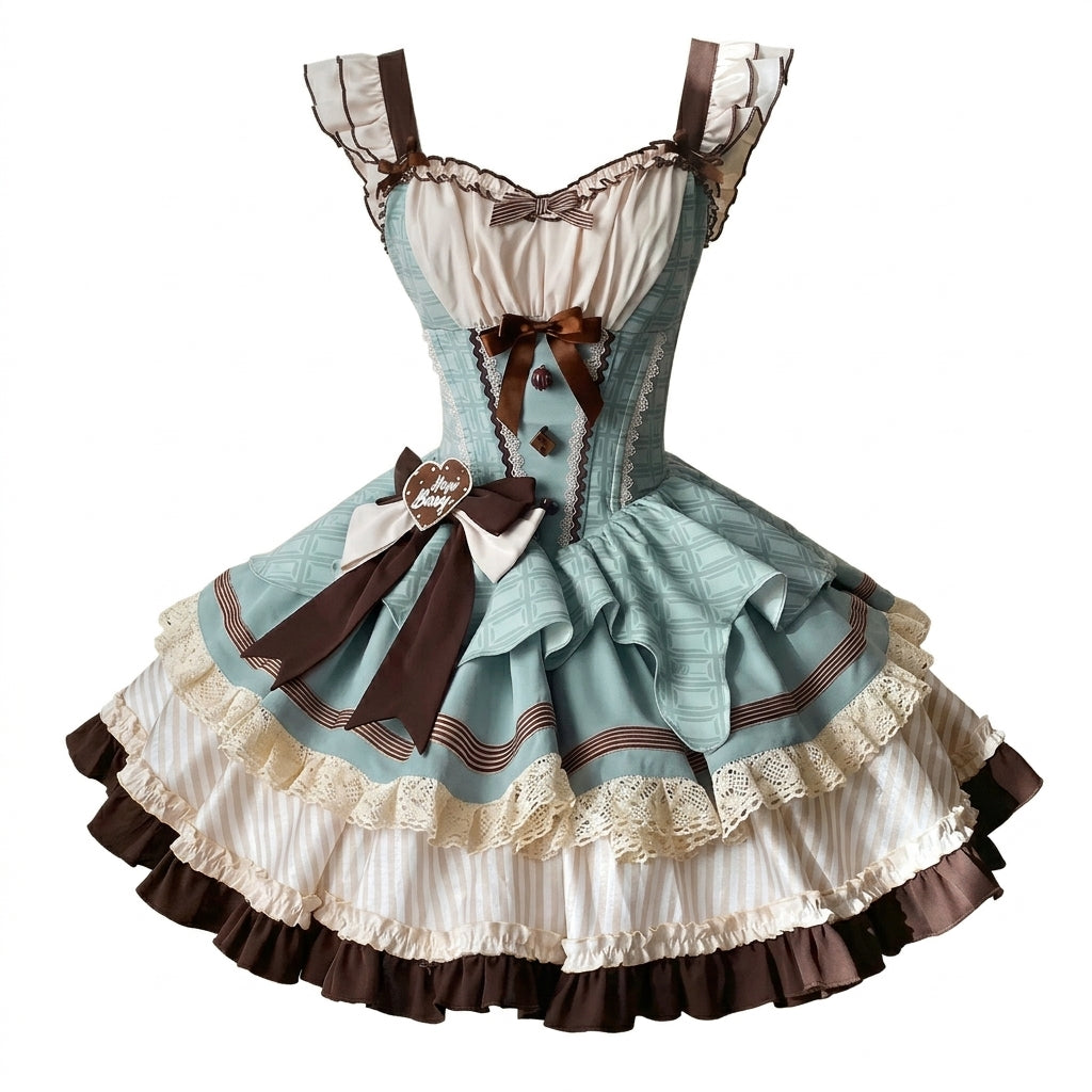 Sweet Lolita JSK Dress with Chocolate Grid Pattern and Heart Badge Waist Bow