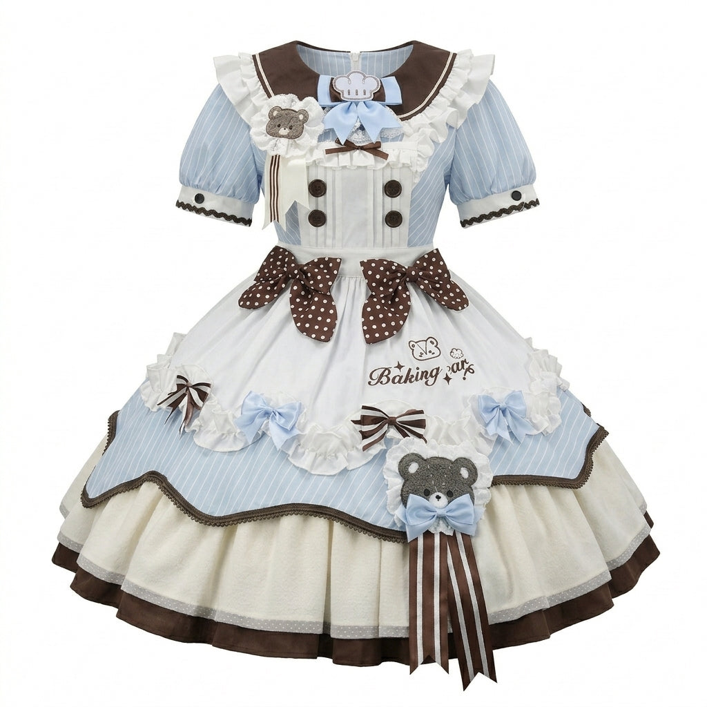 Sweet Maid Lolita Short Sleeve OP Dress Set with Striped Pattern and Baking Bear Embroidery