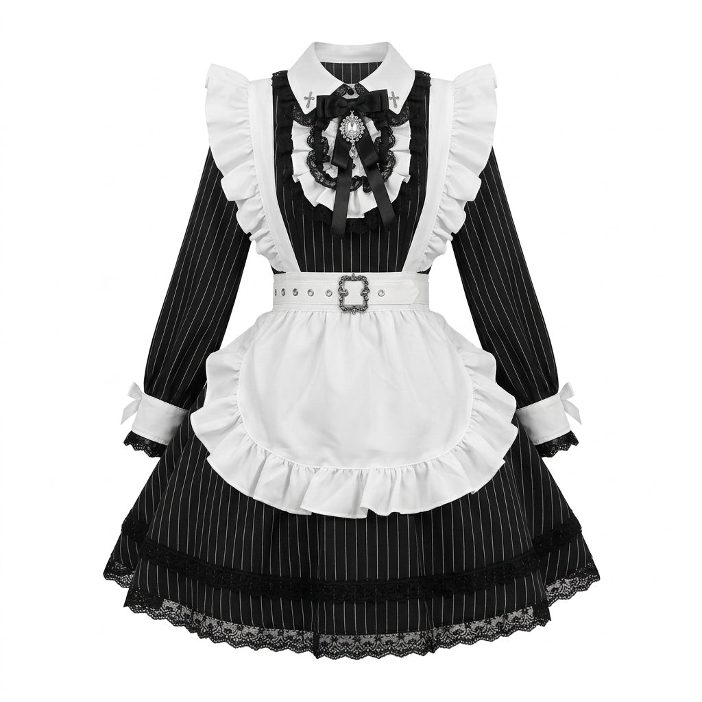 Gothic Maid Lolita Long Sleeve OP Dress Set with Pinstripe Pattern and Cross Embroidered Collar