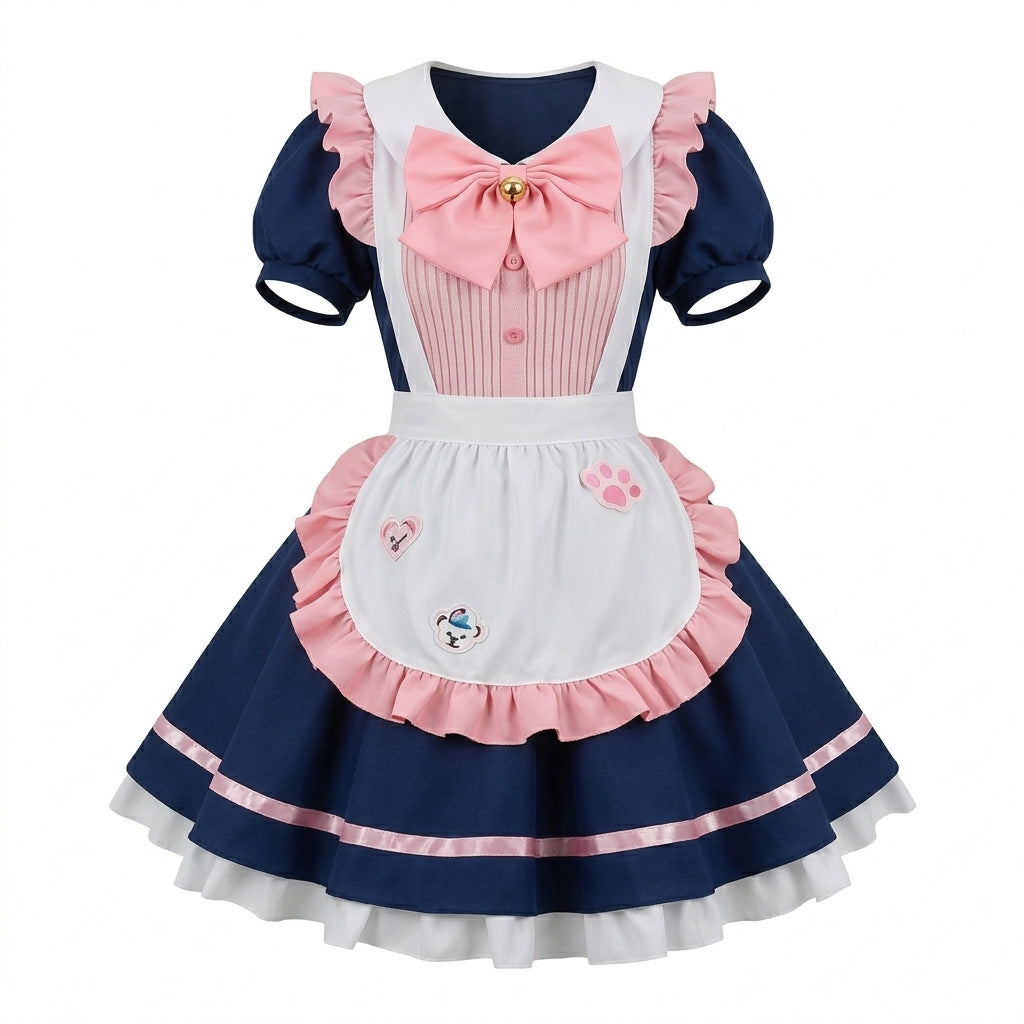 Sweet Maid Lolita Short Sleeve OP Dress Set with Pleated Chest Panel and Pearl Bow Accent