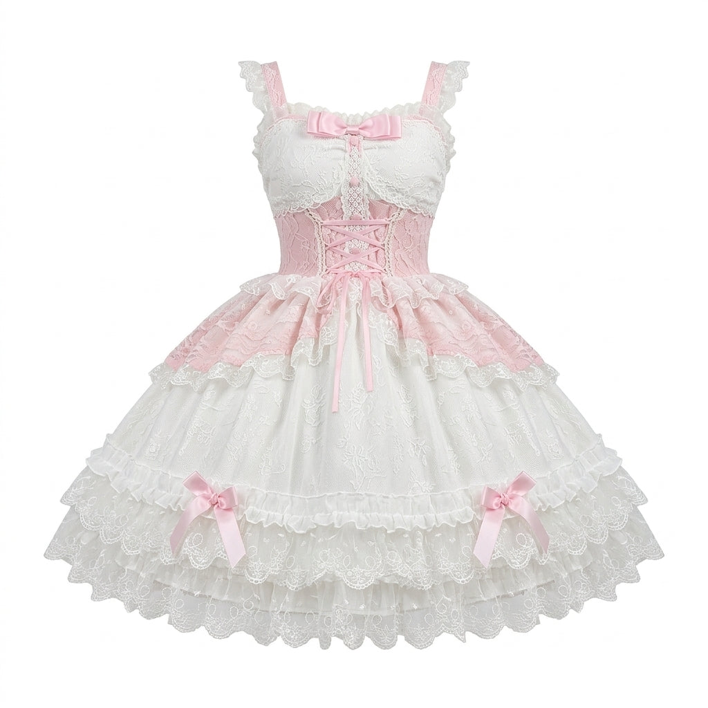 Sweet Lolita JSK Dress with Lace Overlay Peplum and Ribbon Lace-Up Bodice