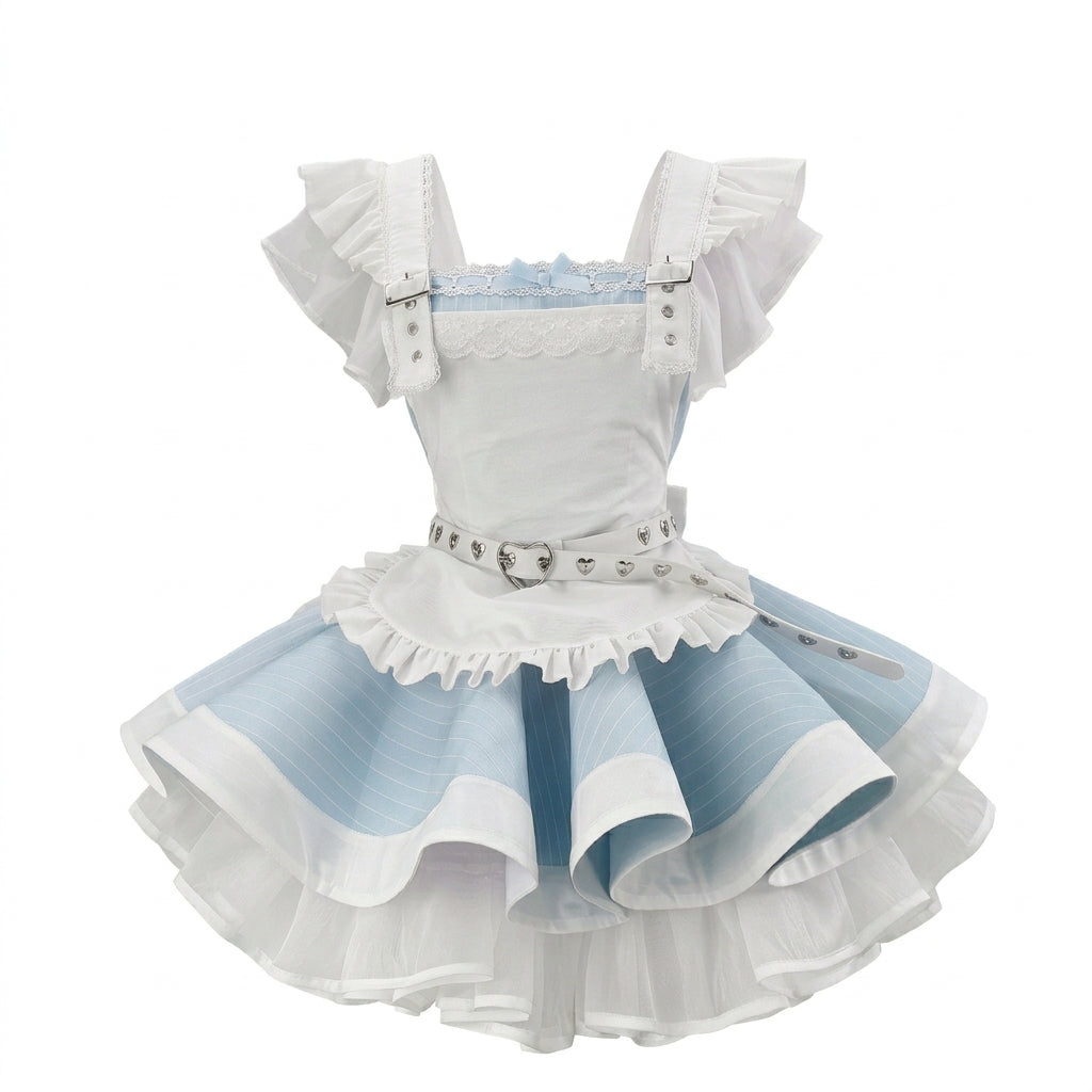 Sweet Maid Lolita Short Sleeve OP Dress Set with High-Waist Heart Buckle Belt and Fitted Waistband