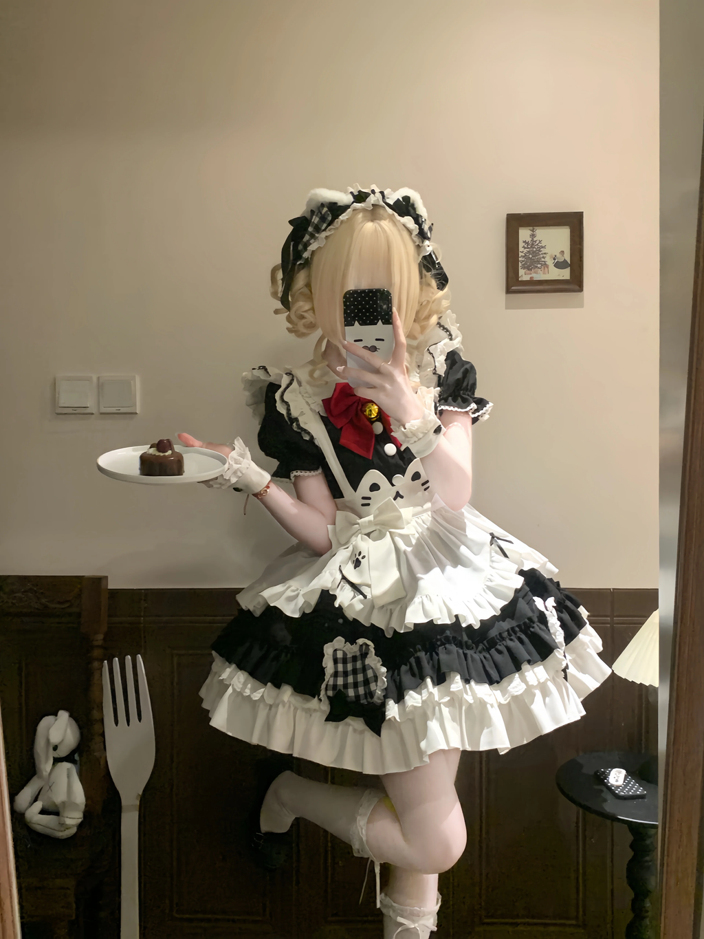 Black and White Cat Apron Ruffled Maid Lolita Dress with Bow Accent