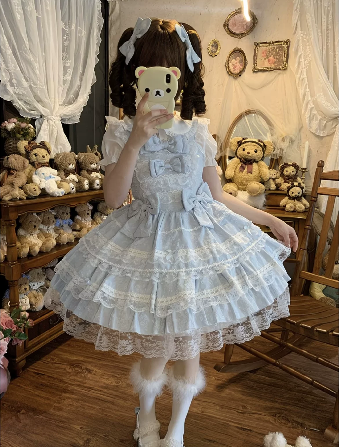 Light Blue and Pink Jacquard Ruffled Lolita Dress Set with Bow Accent
